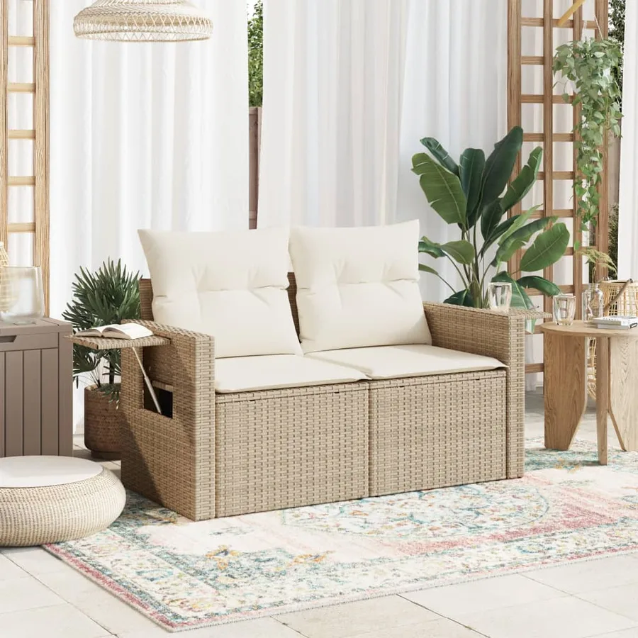 Canapé de jardin avec coussins 2 places beige résine tressée - 3