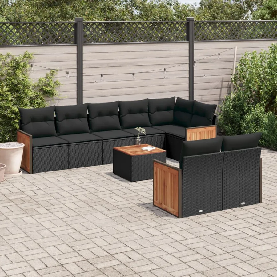 Salon de jardin 9 pcs avec coussins noir résine tressée
