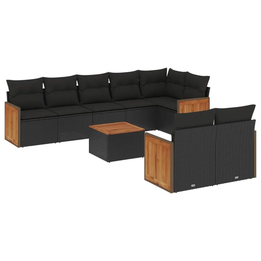 Salon de jardin 9 pcs avec coussins noir résine tressée - 2