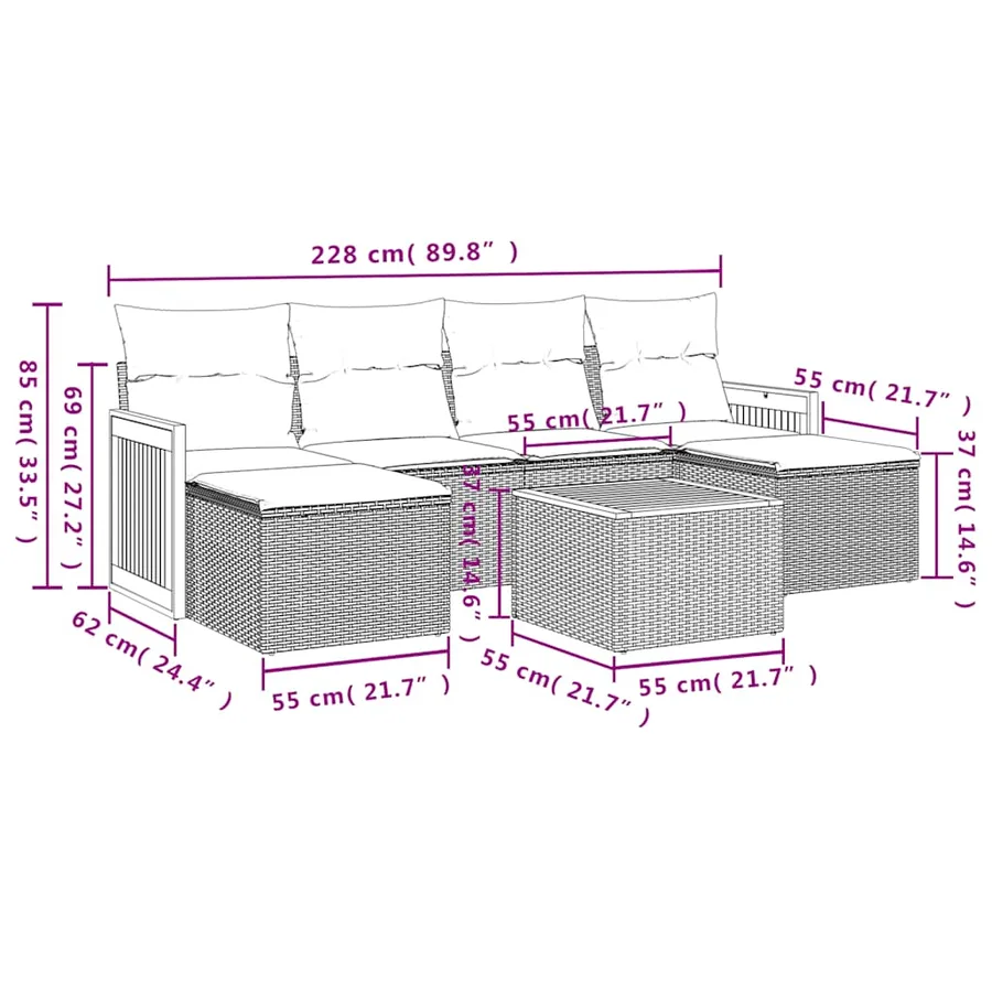 Salon de jardin 7 pcs avec coussins noir résine tressée 55 x 62 x 69 cm - 54,2 kg - 8