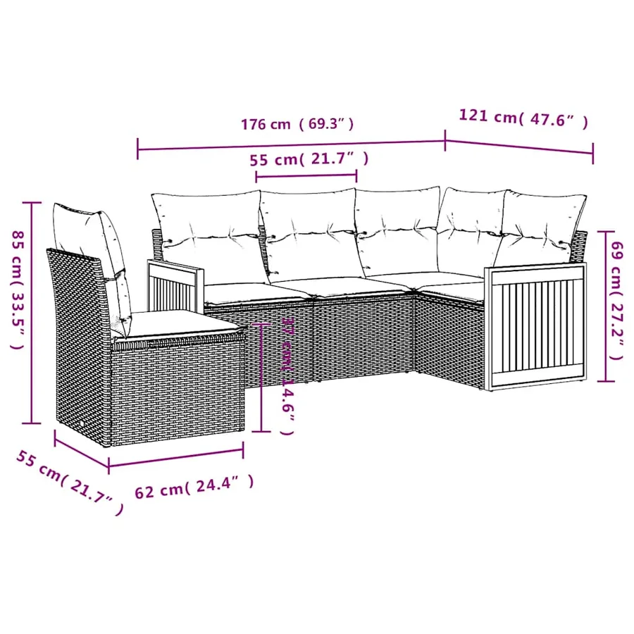 Salon de jardin 5 pcs avec coussins noir résine tressée - 7