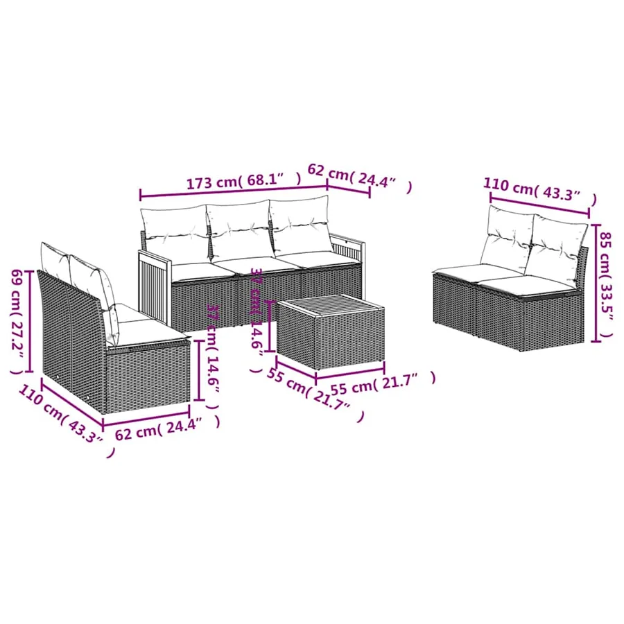 Salon de jardin 8 pcs avec coussins noir résine tressée - 7
