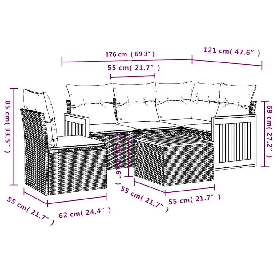 Salon de jardin 6 pcs avec coussins noir résine tressée - 8