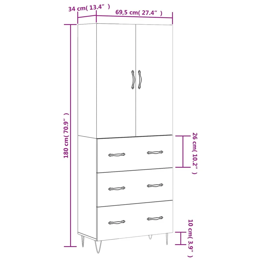 Buffet haut Blanc 69,5x34x180 cm Bois d'ingénierie - 14