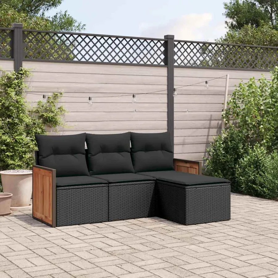 Salon de jardin 4 pcs avec coussins noir résine tressée