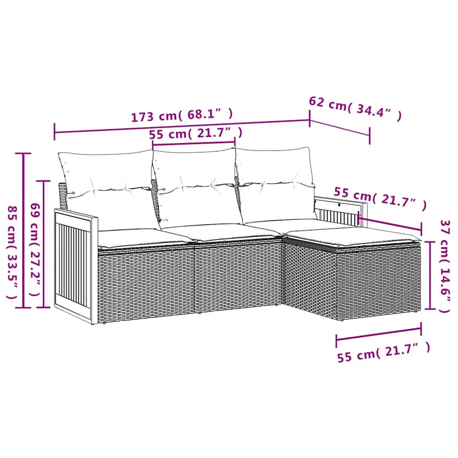 Salon de jardin 4 pcs avec coussins noir résine tressée - 7