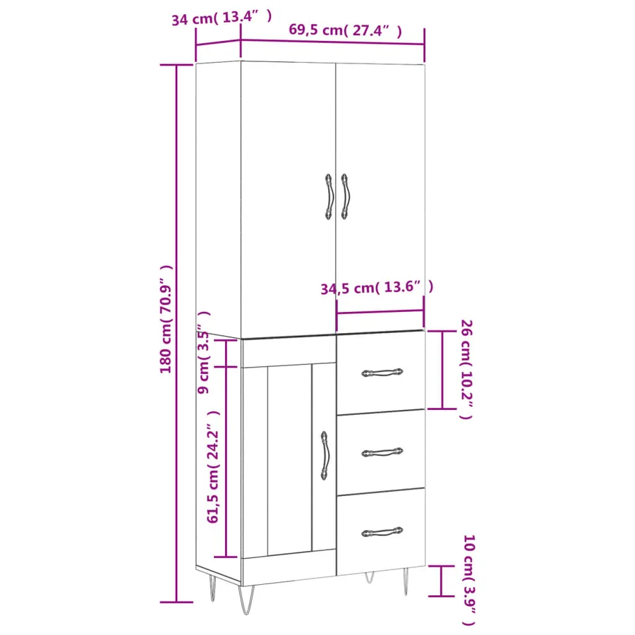 Buffet haut Blanc 69,5x34x180 cm Bois d'ingénierie - 14