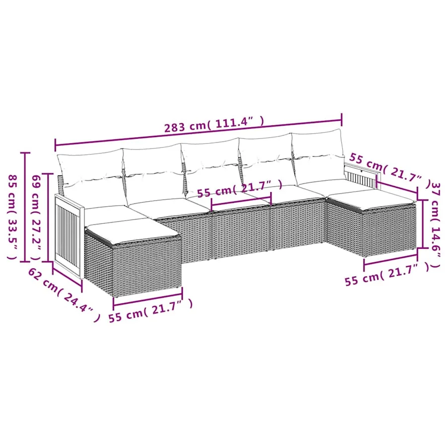 Salon de jardin 7 pcs avec coussins noir résine tressée 55 x 62 x 69 cm - 57,2 kg - 3