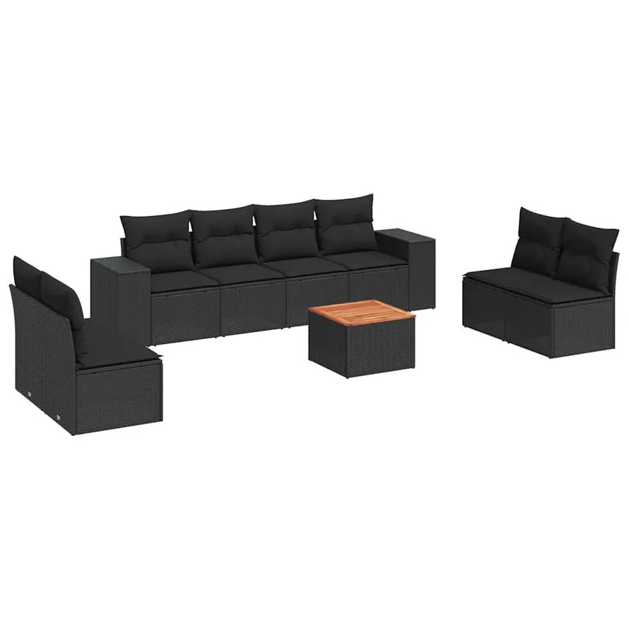 Salon de jardin 9 pcs avec coussins noir résine tressée - 2