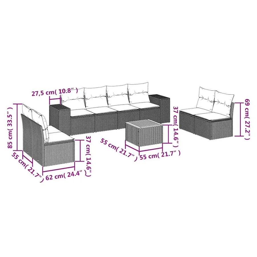 Salon de jardin 9 pcs avec coussins noir résine tressée - 3