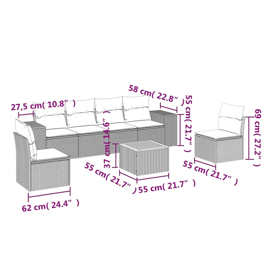 Salon de jardin 7 pcs avec coussins noir résine tressée 55 x 62 x 69 cm - 60,2 kg - 3