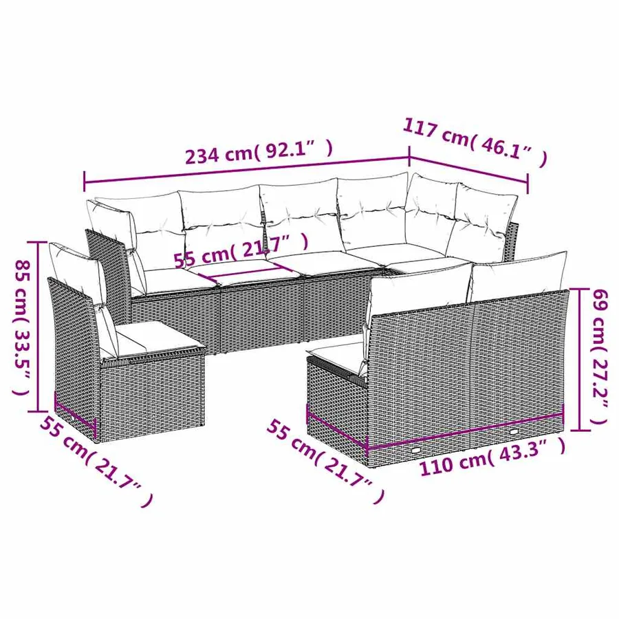 Salon de jardin 8 pcs avec coussins noir résine tressée - 3