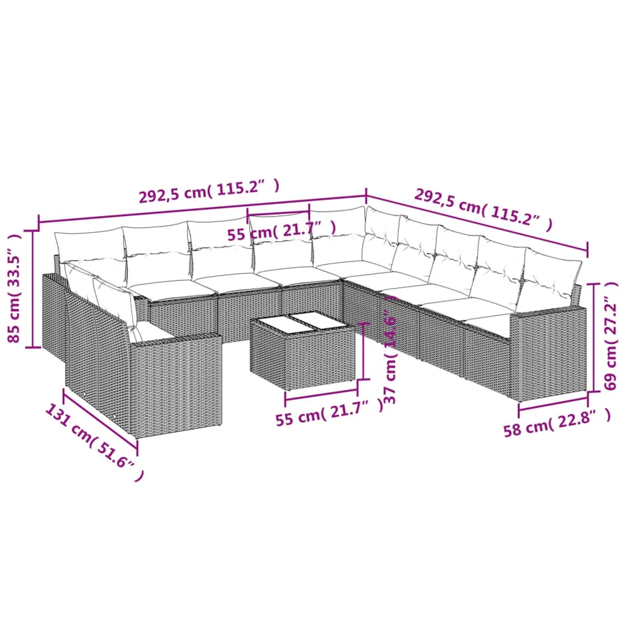 Salon de jardin 12 pcs avec coussins noir résine tressée - 3