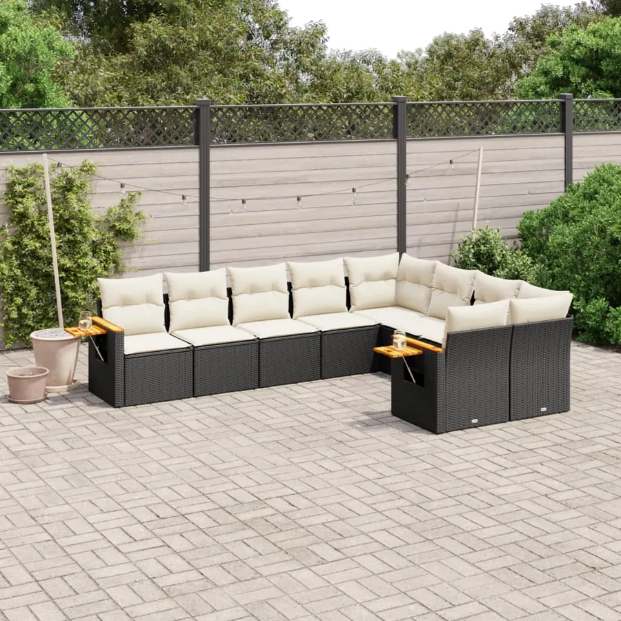 Salon de jardin 9 pcs avec coussins noir résine tressée