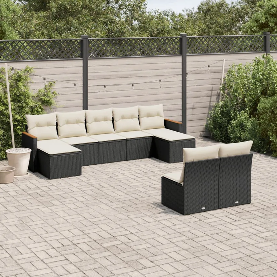Salon de jardin 9 pcs avec coussins noir résine tressée