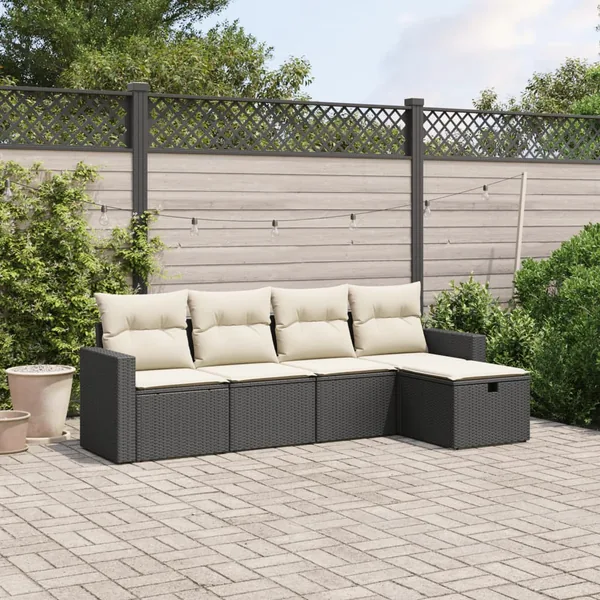 Salon de jardin 5 pcs avec coussins noir résine tressée