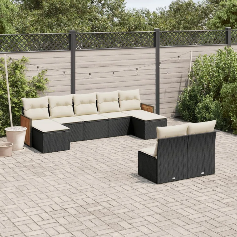 Salon de jardin 9 pcs avec coussins noir résine tressée