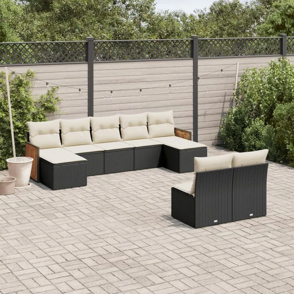 Salon de jardin 9 pcs avec coussins noir résine tressée