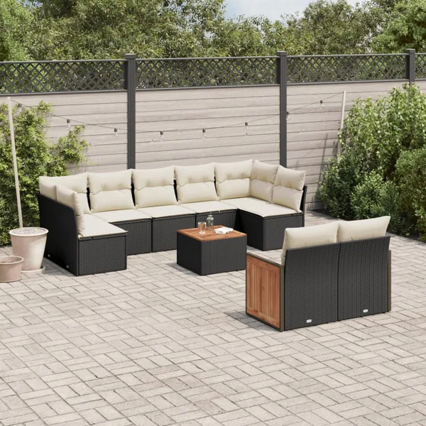 Salon de jardin 10 pcs avec coussins noir résine tressée