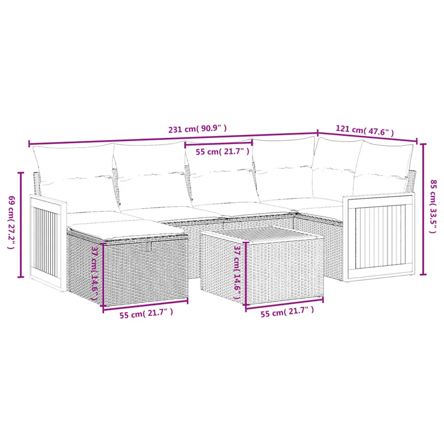 Salon de jardin 7 pcs avec coussins noir résine tressée 62 x 62 x 69 cm - 58,5 kg - 4