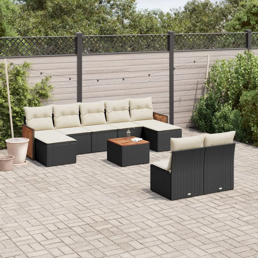 Salon de jardin 10 pcs avec coussins noir résine tressée