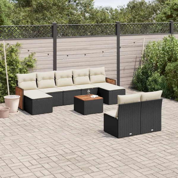 Salon de jardin 10 pcs avec coussins noir résine tressée