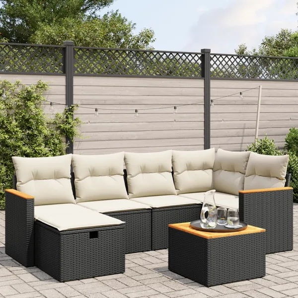 Salon de jardin 7 pcs avec coussins noir résine tressée 62 x 62 x 69 cm - 56,1 kg