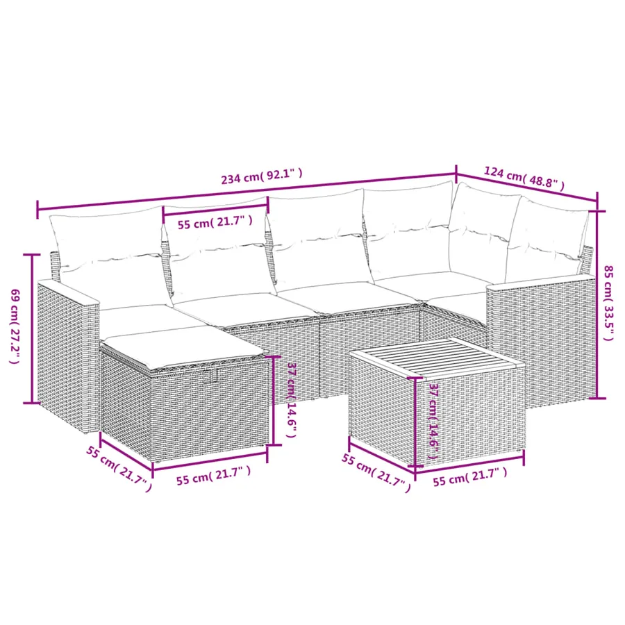 Salon de jardin 7 pcs avec coussins noir résine tressée 62 x 62 x 69 cm - 56,1 kg - 4