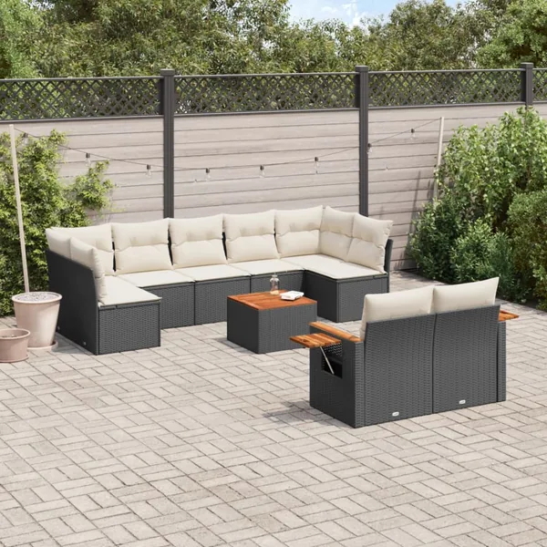 Salon de jardin 10 pcs avec coussins noir résine tressée