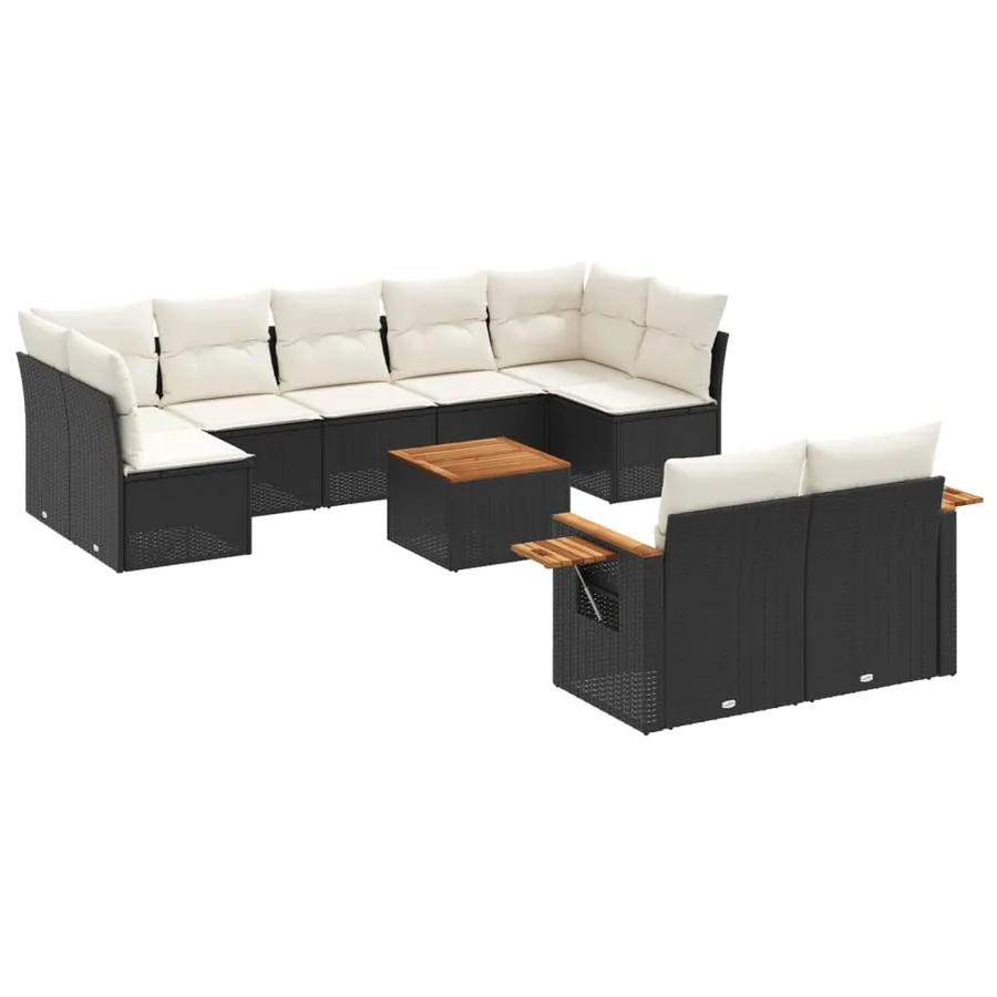 Salon de jardin 10 pcs avec coussins noir résine tressée - 2