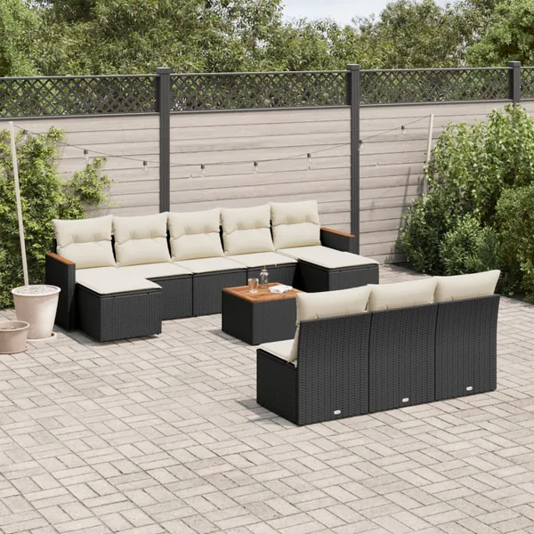 Salon de jardin 11 pcs avec coussins noir résine tressée