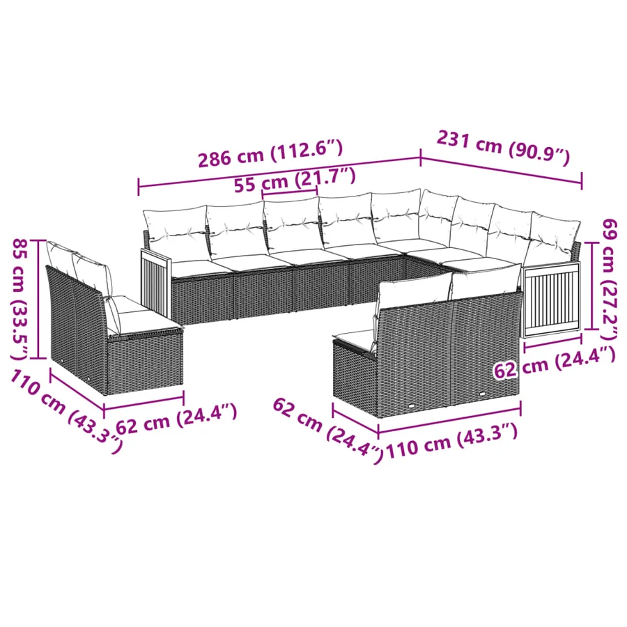 Salon de jardin 12 pcs avec coussins noir résine tressée - 7