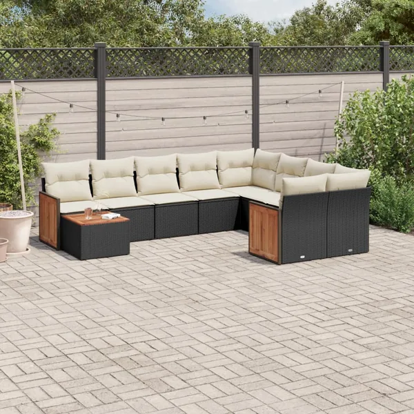 Salon de jardin 10 pcs avec coussins noir résine tressée