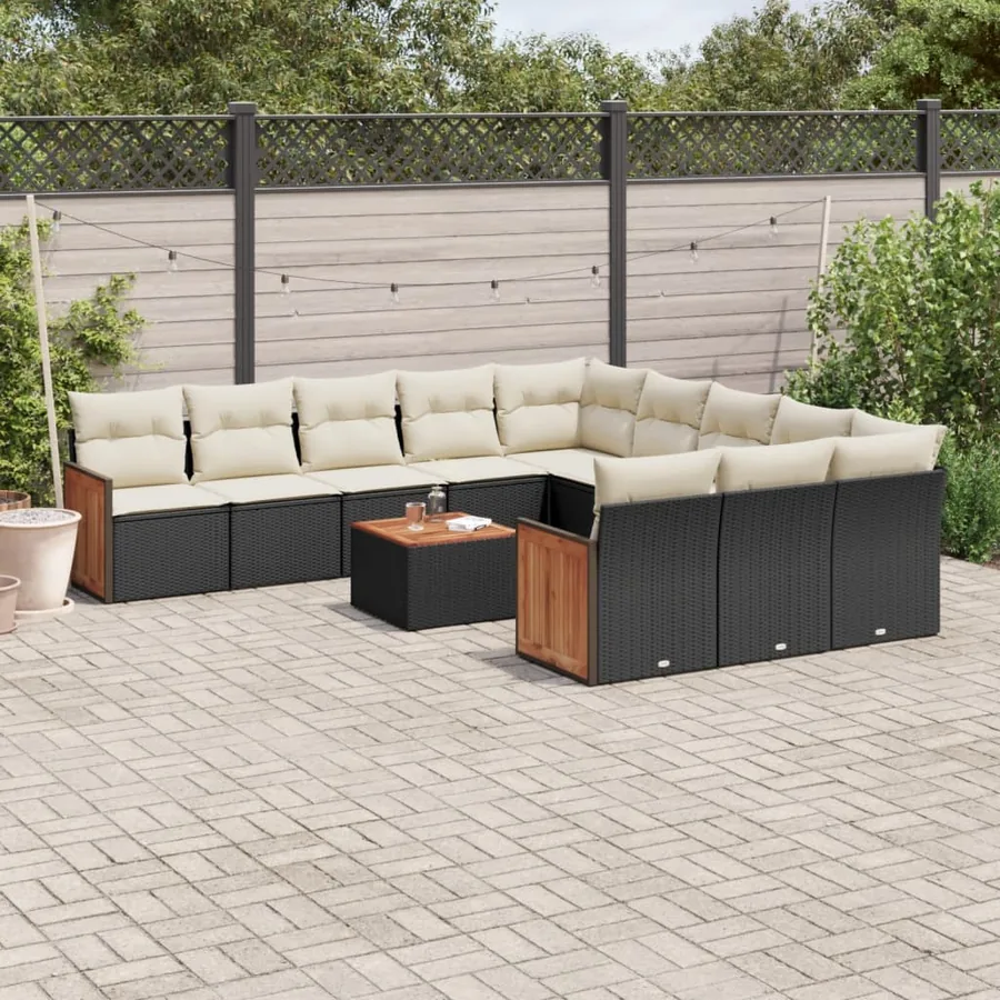 Salon de jardin 12 pcs avec coussins noir résine tressée