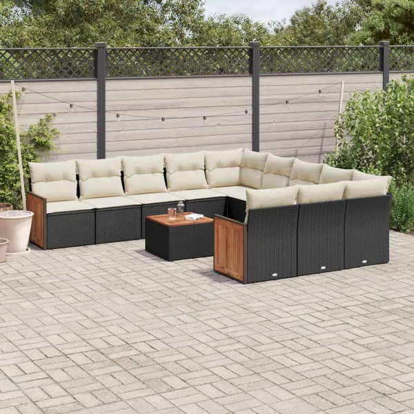 Salon de jardin 12 pcs avec coussins noir résine tressée