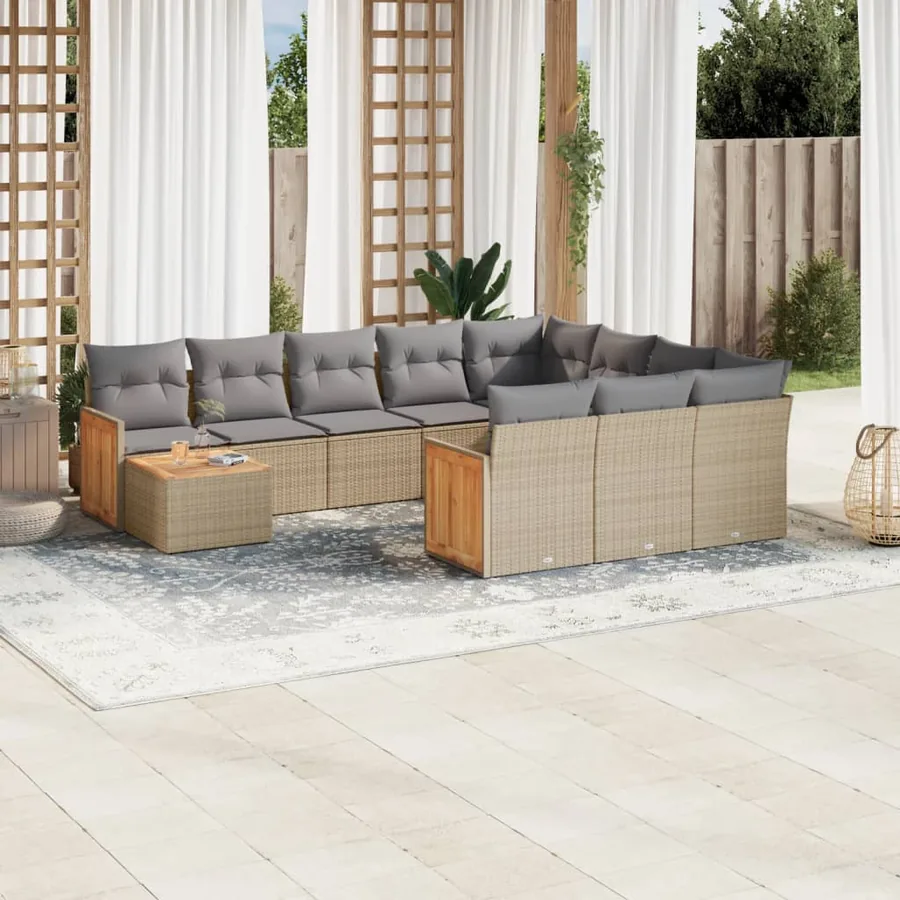 Salon de jardin 11 pcs avec coussins beige résine tressée