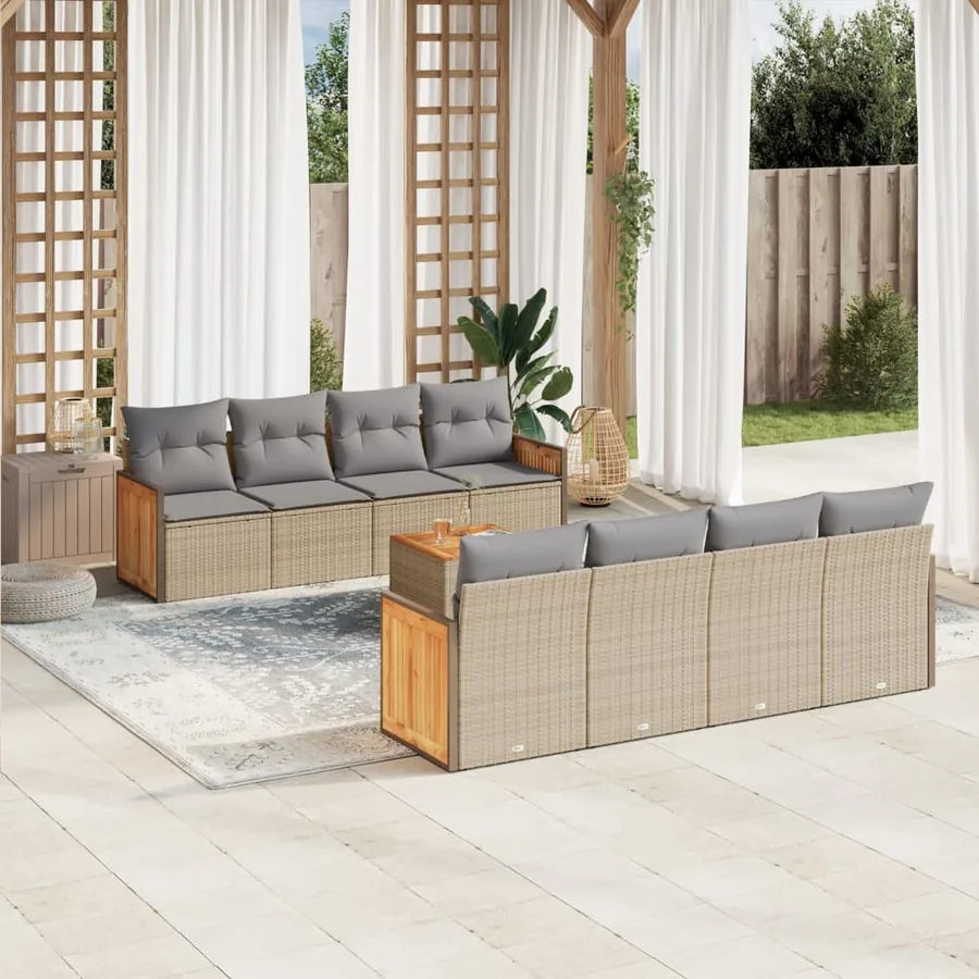 Salon de jardin avec coussins 9 pcs beige résine tressée