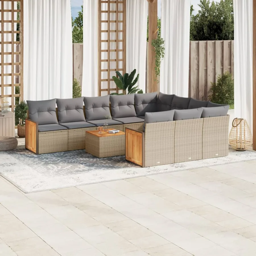 Salon de jardin 11 pcs avec coussins beige résine tressée