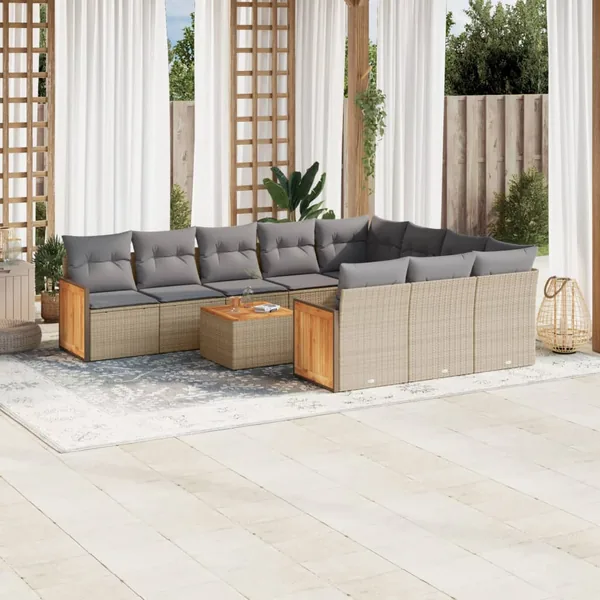 Salon de jardin 11 pcs avec coussins beige résine tressée