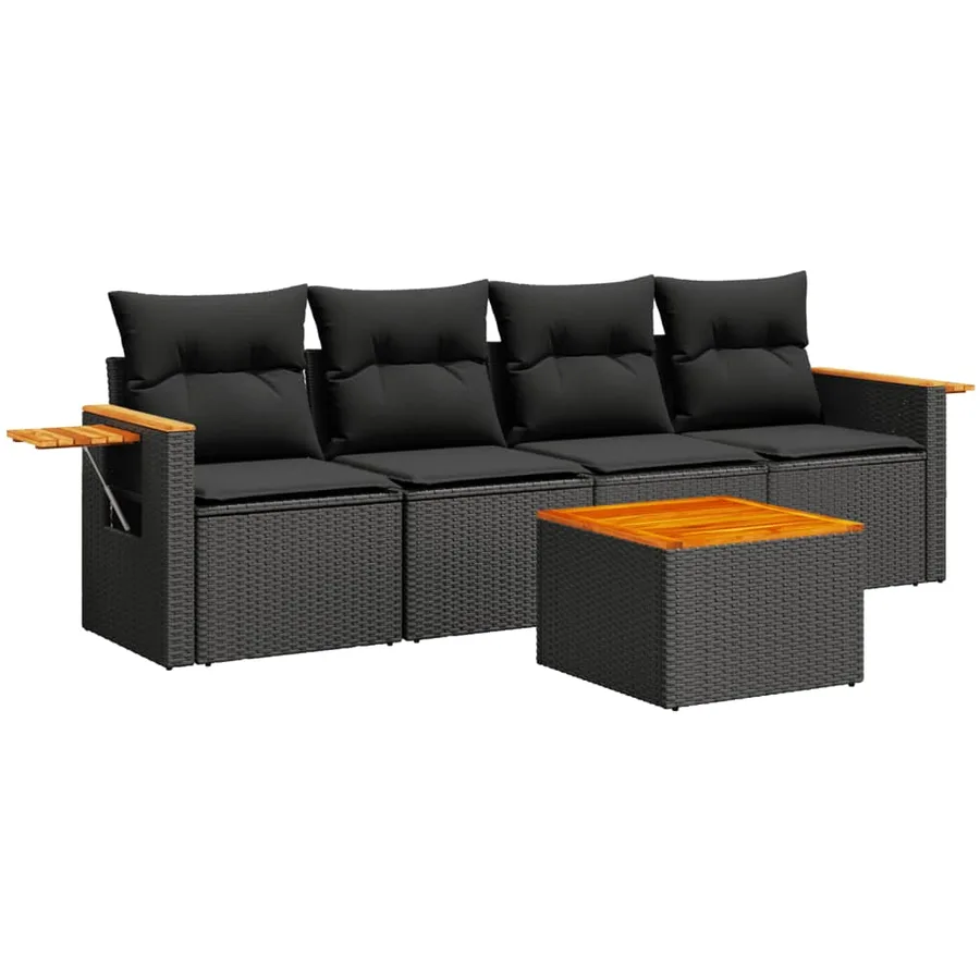 Salon de jardin 5 pcs avec coussins noir résine tressée - 2