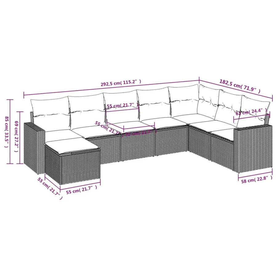 Salon de jardin 8 pcs avec coussins noir résine tressée - 3