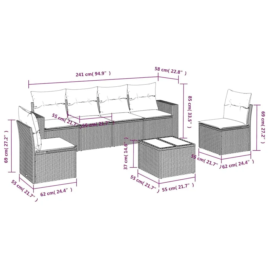 Salon de jardin 7 pcs avec coussins noir résine tressée 65,5 x 62 x 69 cm - 53,4 kg - 3