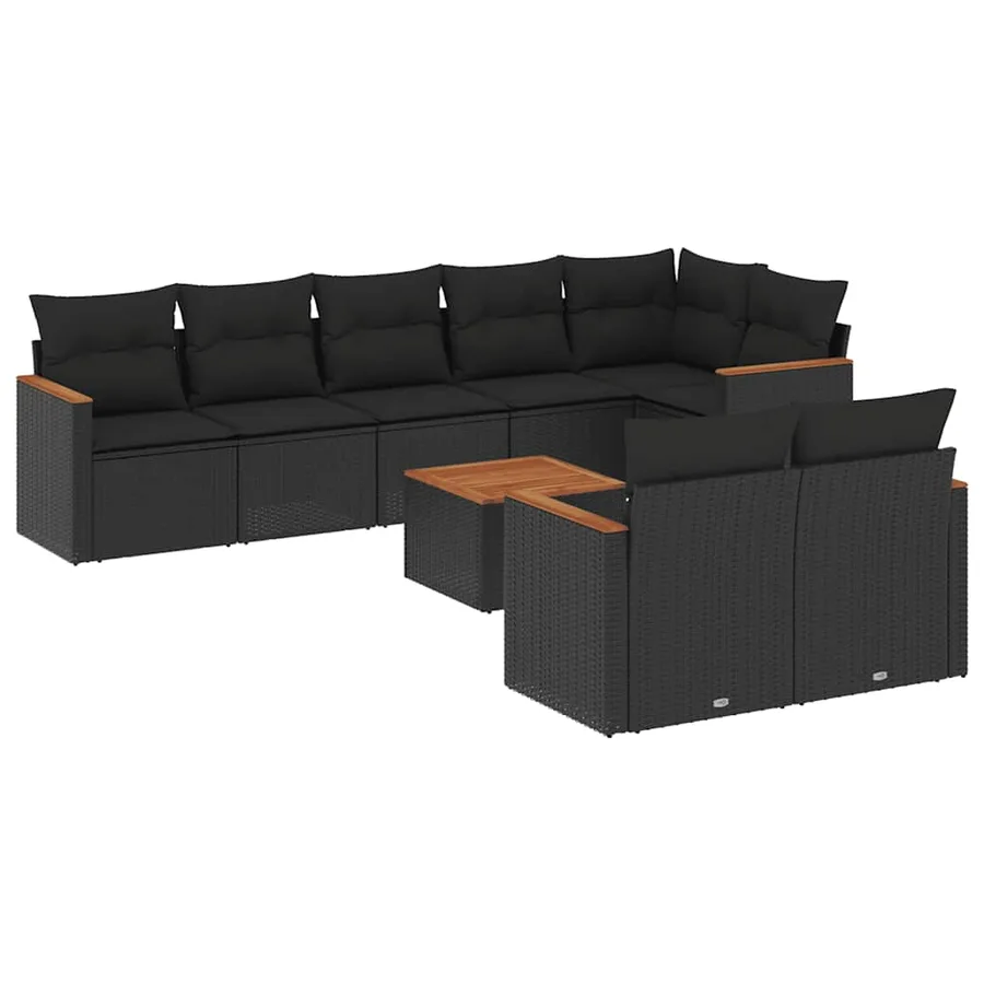 Salon de jardin 9 pcs avec coussins noir résine tressée - 2
