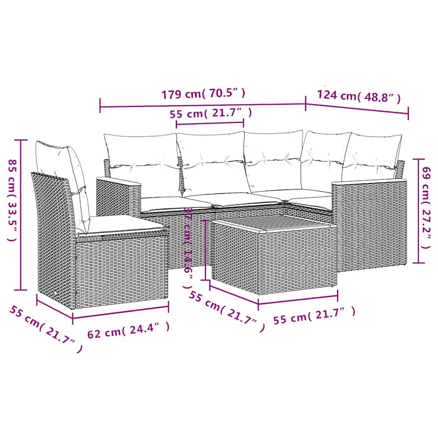 Salon de jardin 6 pcs avec coussins noir résine tressée - 8
