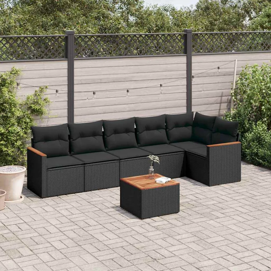 Salon de jardin 7 pcs avec coussins noir résine tressée 62 x 62 x 69 cm - 55,3 kg