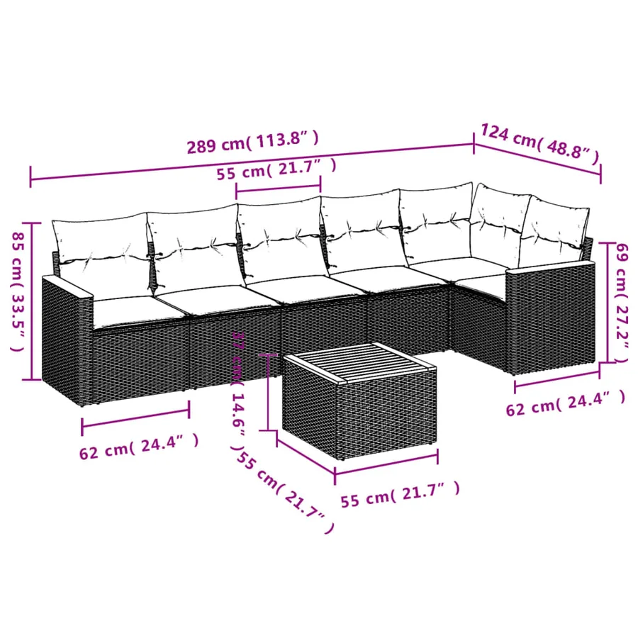 Salon de jardin 7 pcs avec coussins noir résine tressée 62 x 62 x 69 cm - 55,3 kg - 8