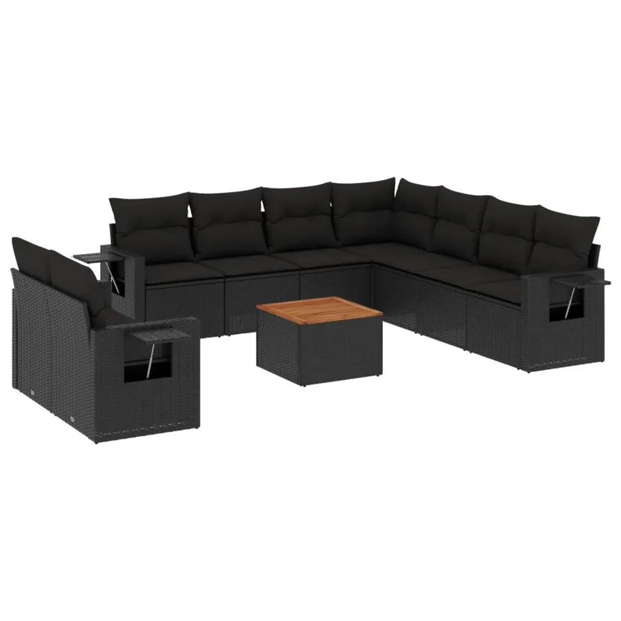 Salon de jardin 10 pcs avec coussins noir résine tressée - 2
