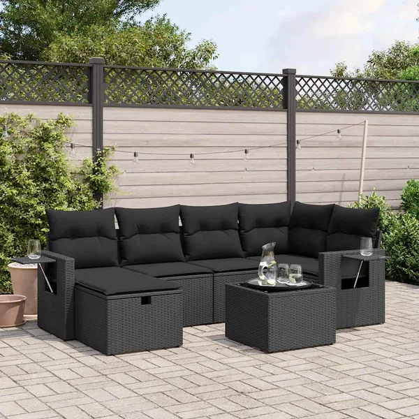 Salon de jardin 7 pcs avec coussins noir résine tressée 62 x 62 x 69 cm - 58,2 kg