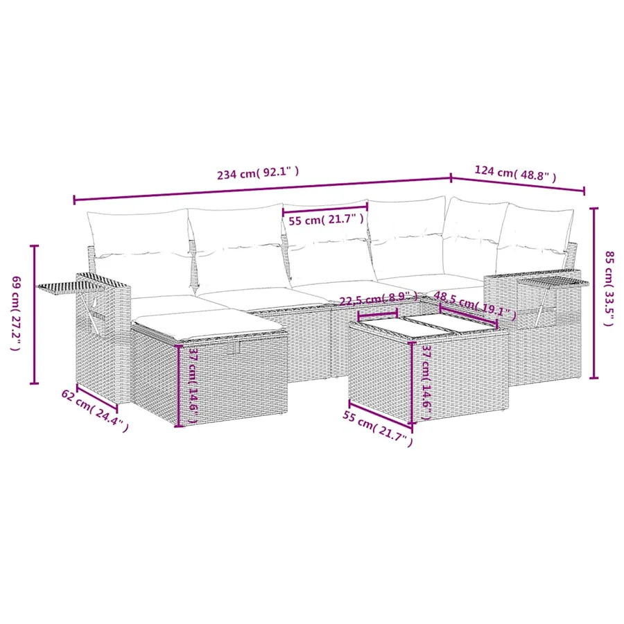 Salon de jardin 7 pcs avec coussins noir résine tressée 62 x 62 x 69 cm - 58,2 kg - 4