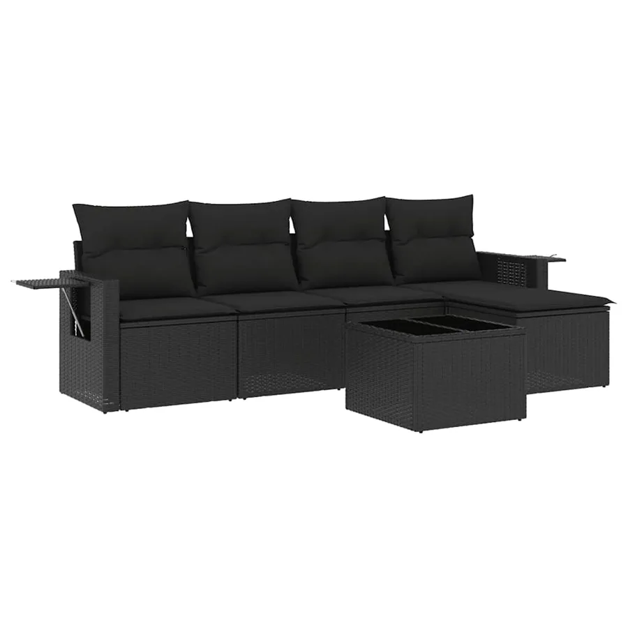 Salon de jardin 6 pcs avec coussins noir résine tressée - 2